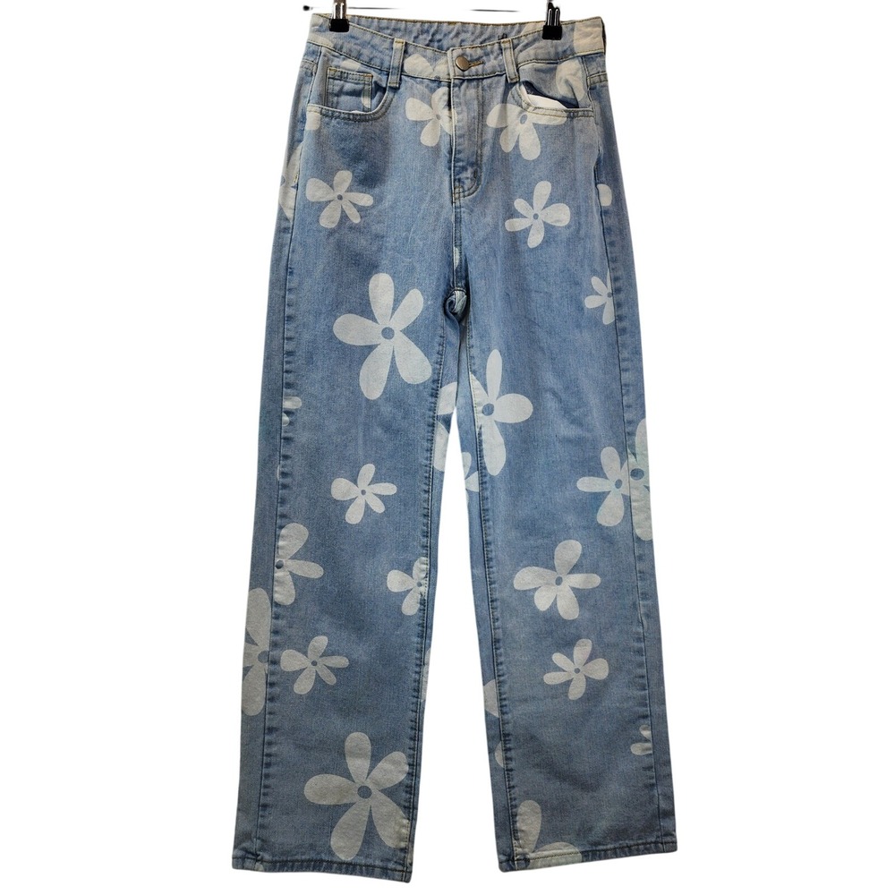Womens Floral Daisy Y2K Straight Leg Jeans 28x28 Indie‎ Bloomcore 70s Hippie
